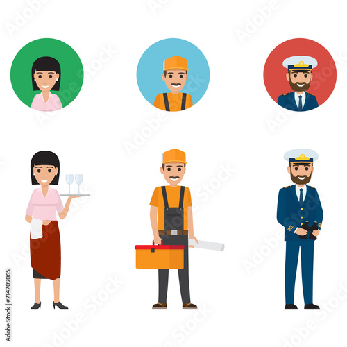 Set of Waiter, Builder and Mariner Flat Design