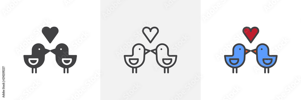 Love birds with heart icon. Line, solid and filled outline colorful ...