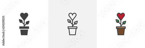 Heart plant in flower pot icon. Line, solid and filled outline colorful version, outline and filled vector sign. Symbol, logo illustration. Different style icons set. Pixel perfect vector graphics
