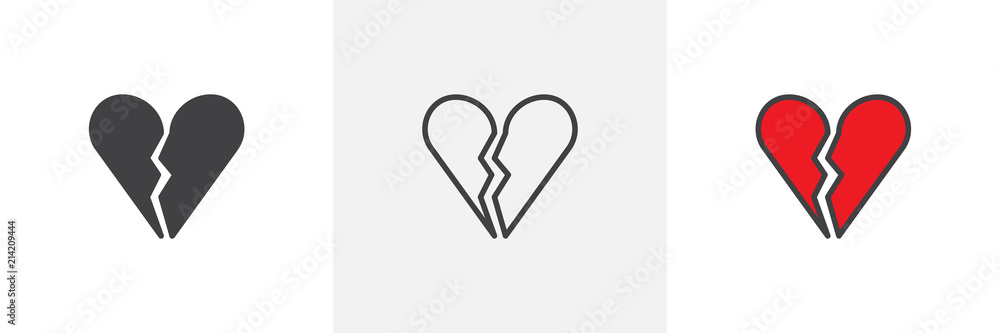 Broken heart icon. Line, solid and filled outline colorful version, outline and filled vector sign. End of love symbol, logo illustration. Different style icons set. Vector graphics Broken heart icon. Line, solid and filled outline colorful version, outline and filled vector sign. End of love symbol, logo illustration. Different style icons set. Vector graphics