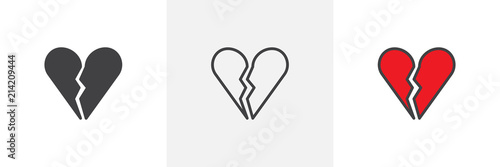 Broken heart icon. Line, solid and filled outline colorful version, outline and filled vector sign. End of love symbol, logo illustration. Different style icons set. Vector graphics