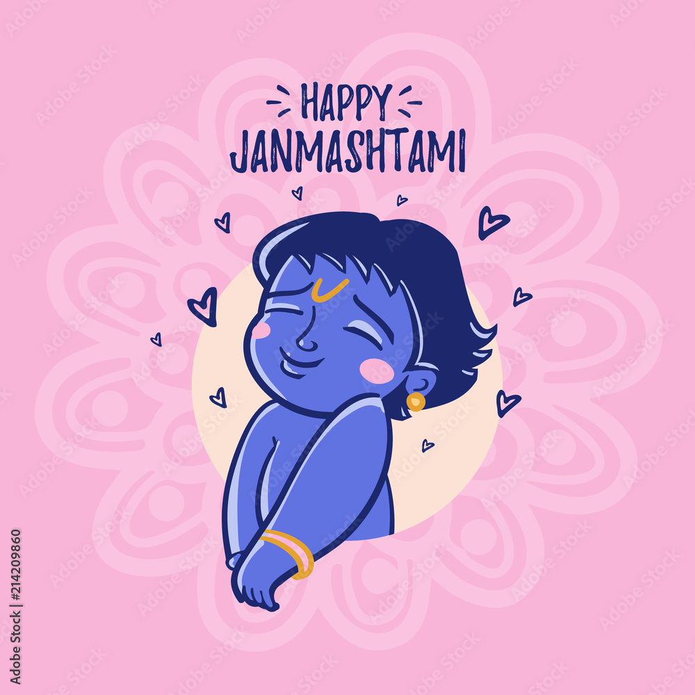 little Lord Krishna.  happy Janmashtami greeting card background. For print or web congratulations.