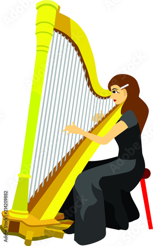 Girl in Black Play Harp Music Instrument