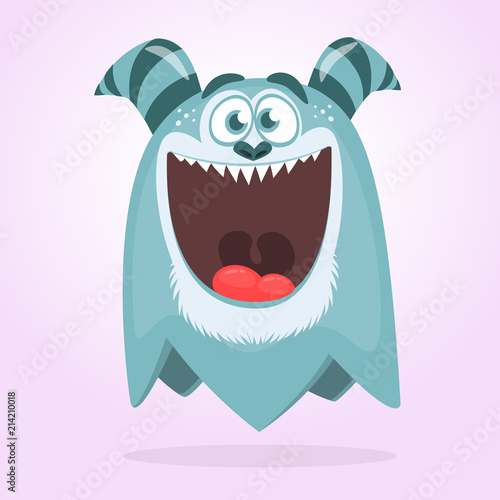 Happy cool cartoon fat monster. Blue and horned vector monster character