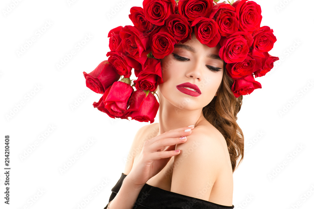 elegant young Caucasian girl with red roses on head elegant young Caucasian girl with red roses on head