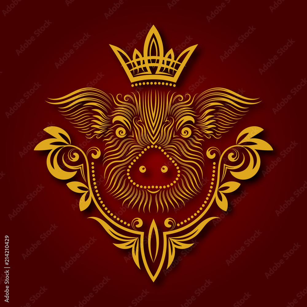 Yellow pig is Chinese symbol of New Year 2019. Patterned pig muzzle with decoration and crown.