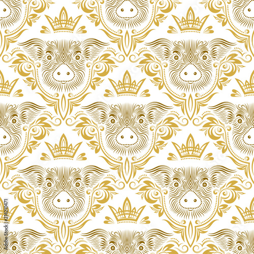 Vintage seamless pattern of repeating pig muzzle in floral ornament with crown. Gift wrapping for Chinese New Year 2019. Holiday wallpaper.