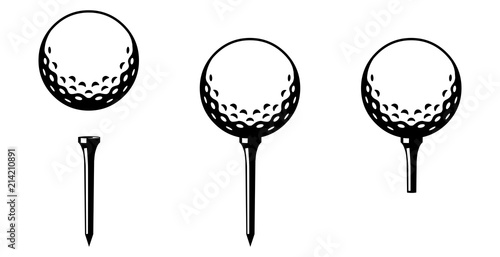 Obraz na plátne Set: Golfball mit Tee in verschiedenen Varianten / schwarz-weiß / Vektor / Icon