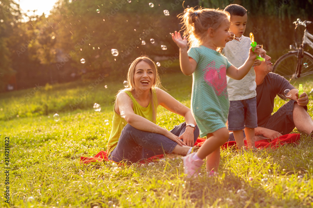 family, parenthood, adoption and people concept – Happy family with children blow soap bubbles in park. - obrazy, fototapety, plakaty 