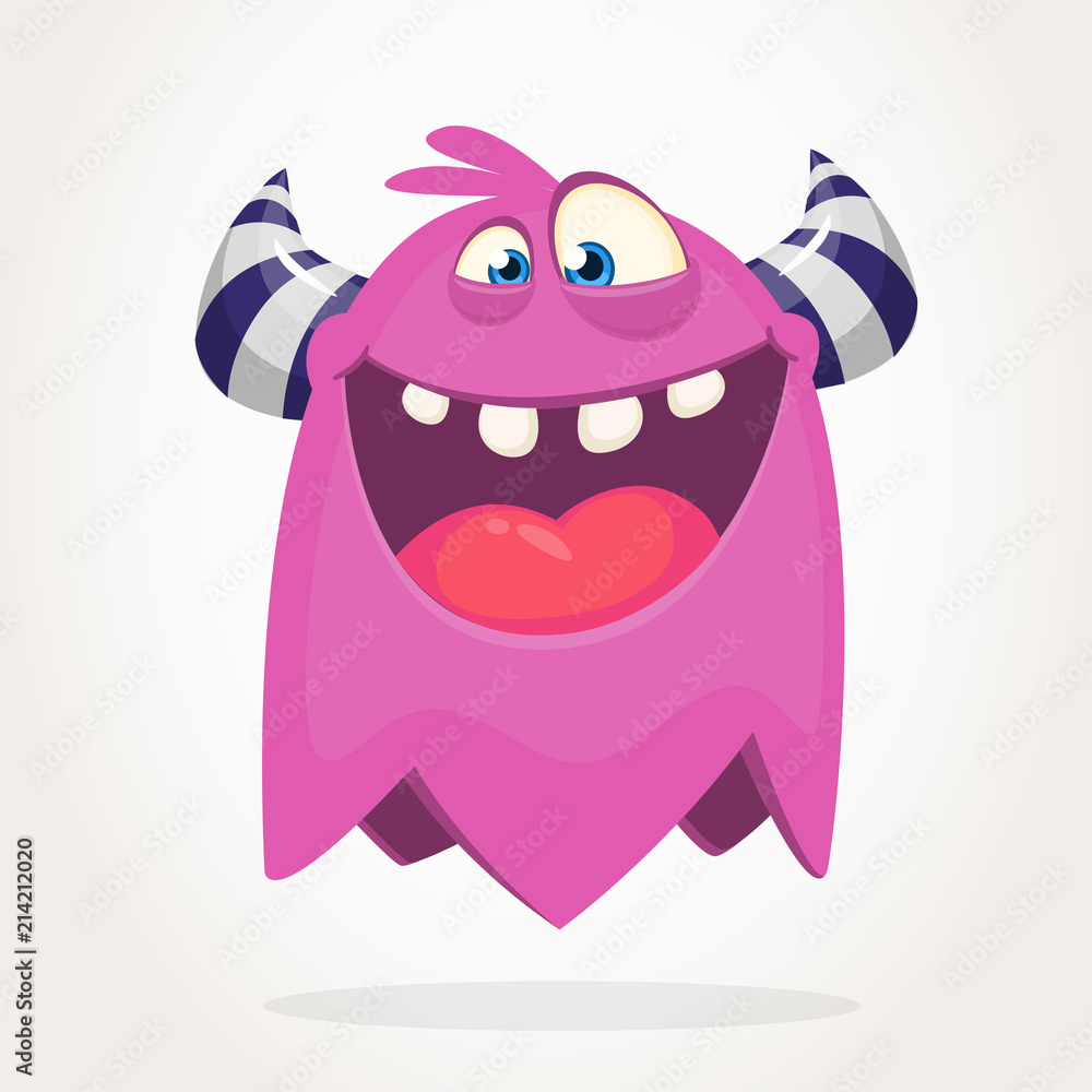 Happy cool cartoon fat flying monster. Purple and horned vector monster character Happy cool cartoon fat flying monster. Purple and horned vector monster character
