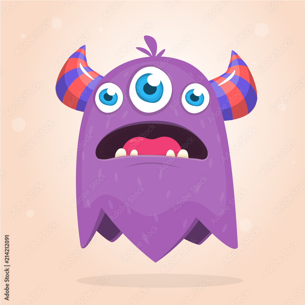 Angry purple cartoon monster with horns an three eyes. Big collection of cute monsters. Halloween character. Vector illustrations. Good for book illustration, magazine prints or journal article Angry purple cartoon monster with horns an three eyes. Big collection of cute monsters. Halloween character. Vector illustrations. Good for book illustration, magazine prints or journal article