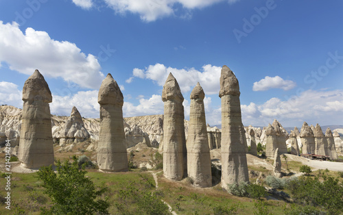 Large phallic rock formations in the Valley of Love, Cappadocia, Turkey.