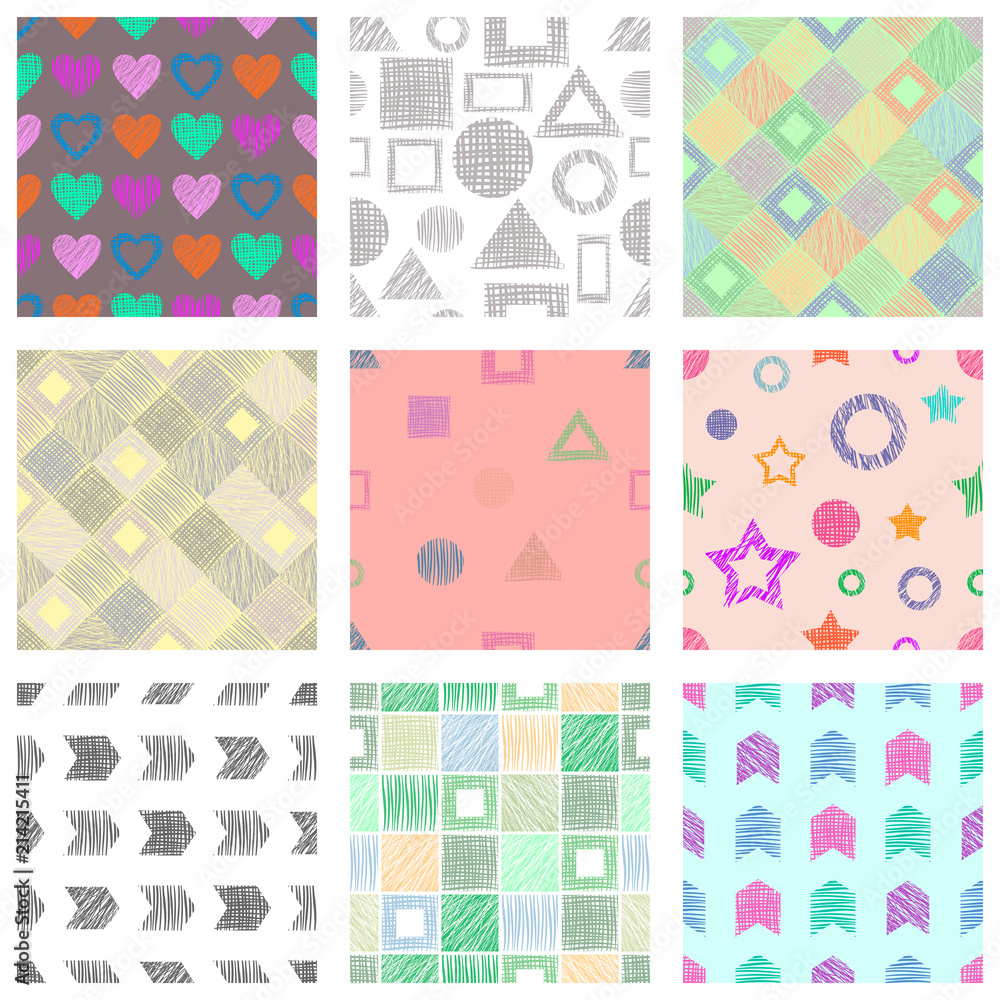Set of seamless vector geometrical patterns with different geometric figures, forms. pastel endless background with hand drawn textured geometric figures. Graphic vector illustration Set of seamless vector geometrical patterns with different geometric figures, forms. pastel endless background with hand drawn textured geometric figures. Graphic vector illustration