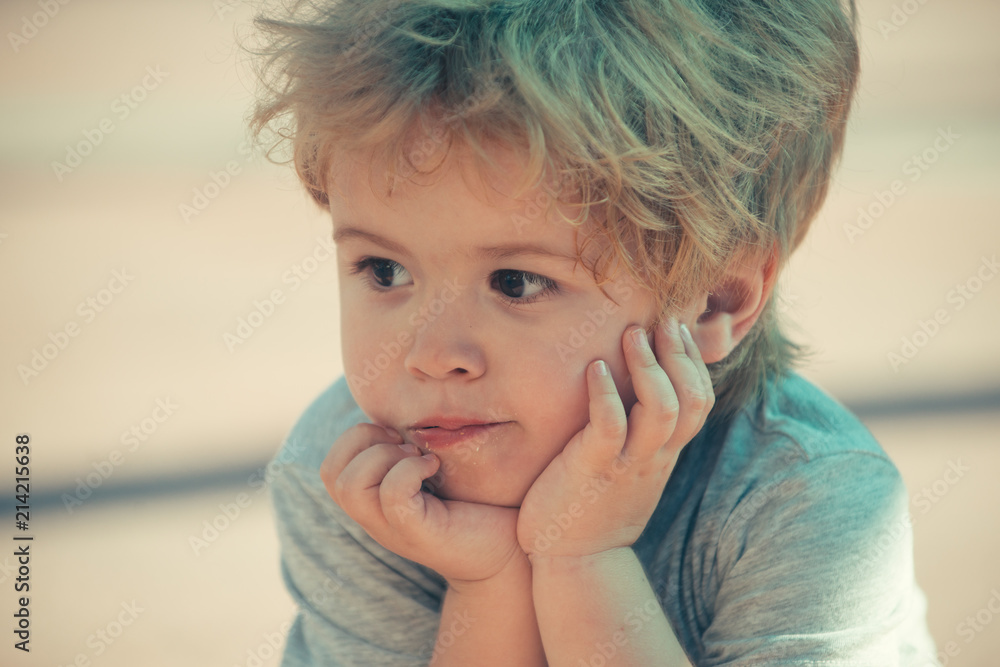Funny child boy. Kid portrait. Emotional one boy closeup. Cute child baby  face, toddler hairstyle. Five year old boy sitting with a puzzled  expression. Childhood. Kid's fashion. Stock Photo | Adobe Stock