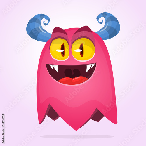 Angry pink cartoon monster. Halloween vector monster character design with smiling expression