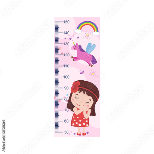 Meter growth, cute kids, girl, children's height measurements . Vector illustration.