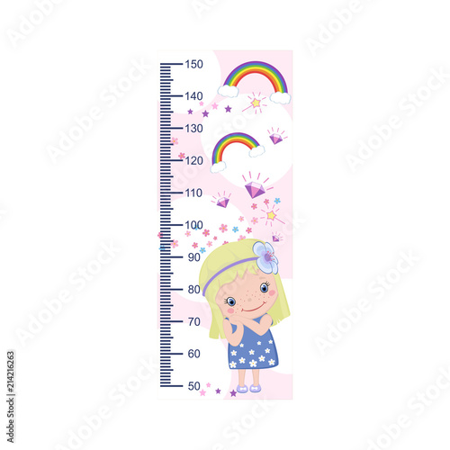 Meter growth, cute kids, girl, children's height measurements . Vector illustration.