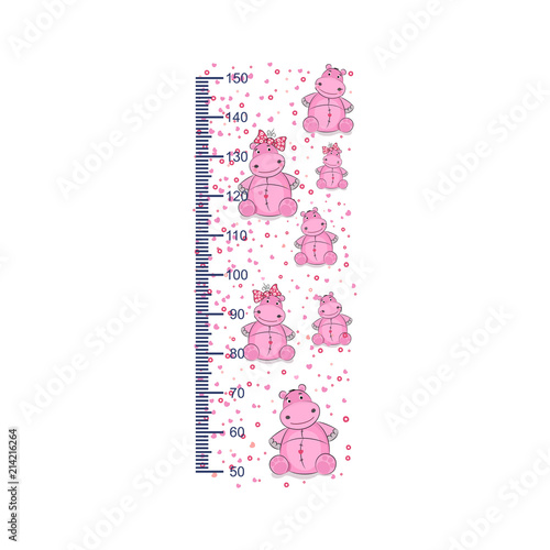Meter height, cute hippos, children's height measurements . Vector illustration.