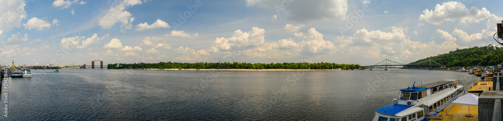 Panorama of the Dnieper River in Kiev in the summer. 53 megapixels. Panorama of the Dnieper River in Kiev in the summer. 53 megapixels.