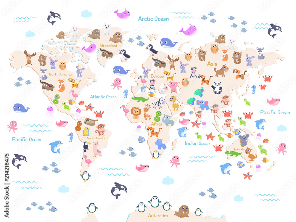 Vector illustration of world map with animals for kids. Flat design