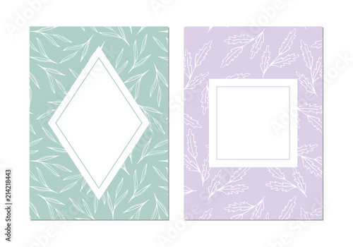 Elegant wedding cards with natural print. Hand drawn vector design. Soft pastel colors.