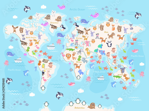 Vector illustration of world map with animals for kids. Flat design.