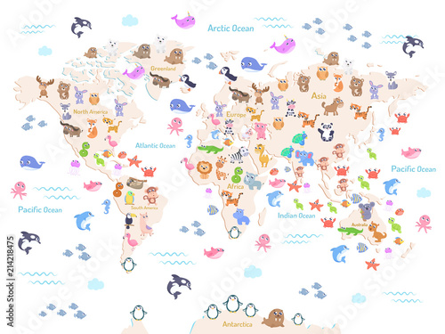 Vector illustration of world map with animals for kids. Flat design.