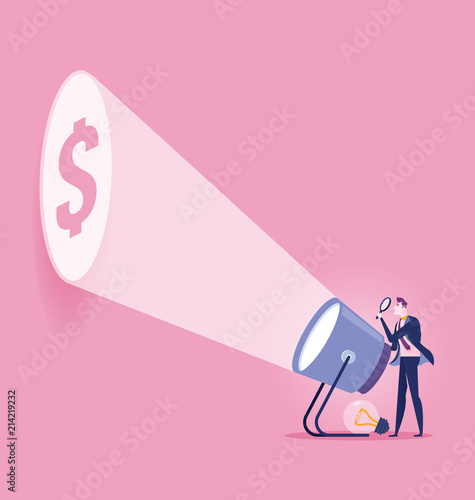 Businessman with flashlight and dollar sign