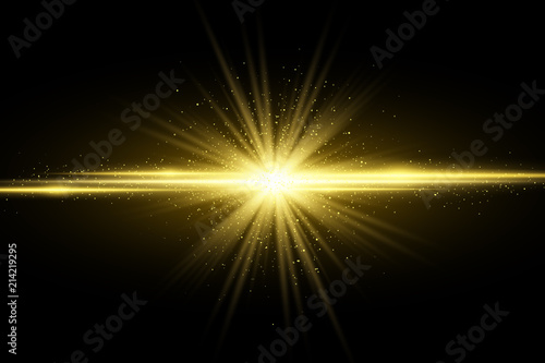 Abstract stylish golden light effect on dark background. Glowing magical star. Bright flares. Gold rays. Magic explosion. Christmas light. Vector illustration