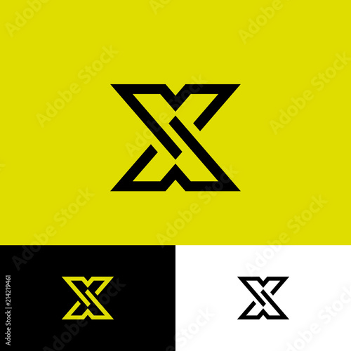 X letter monogram. A flat linear letter on a yellow background. Crossed, crossed figures constituting the letter X.
