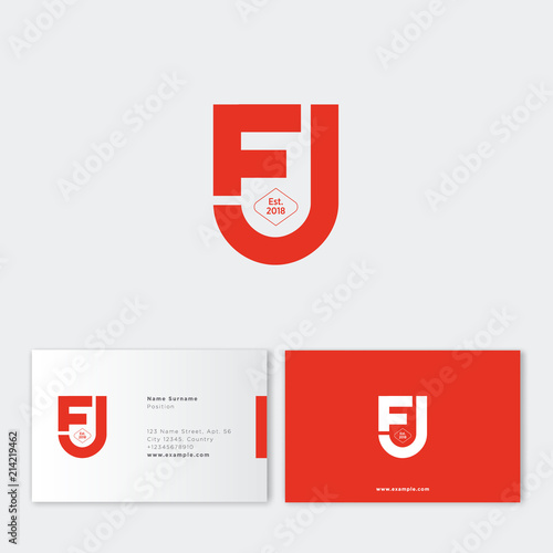 F and U letters monogram. Interlaced, crossed letters F and U. Letters like red shield, isolated on a dark background. Flat linear style emblem. Business card.