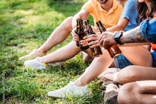 Fototapeta Naklejka Na Ścianę i Meble -  cropped shot of clinking bottles of beer while resting on green grass in park