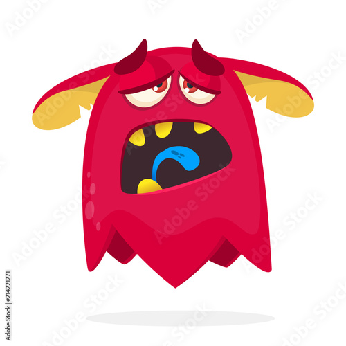 Cartoon red monster tired. Vector Halloween illustration of a red horned monster with long tongue. 