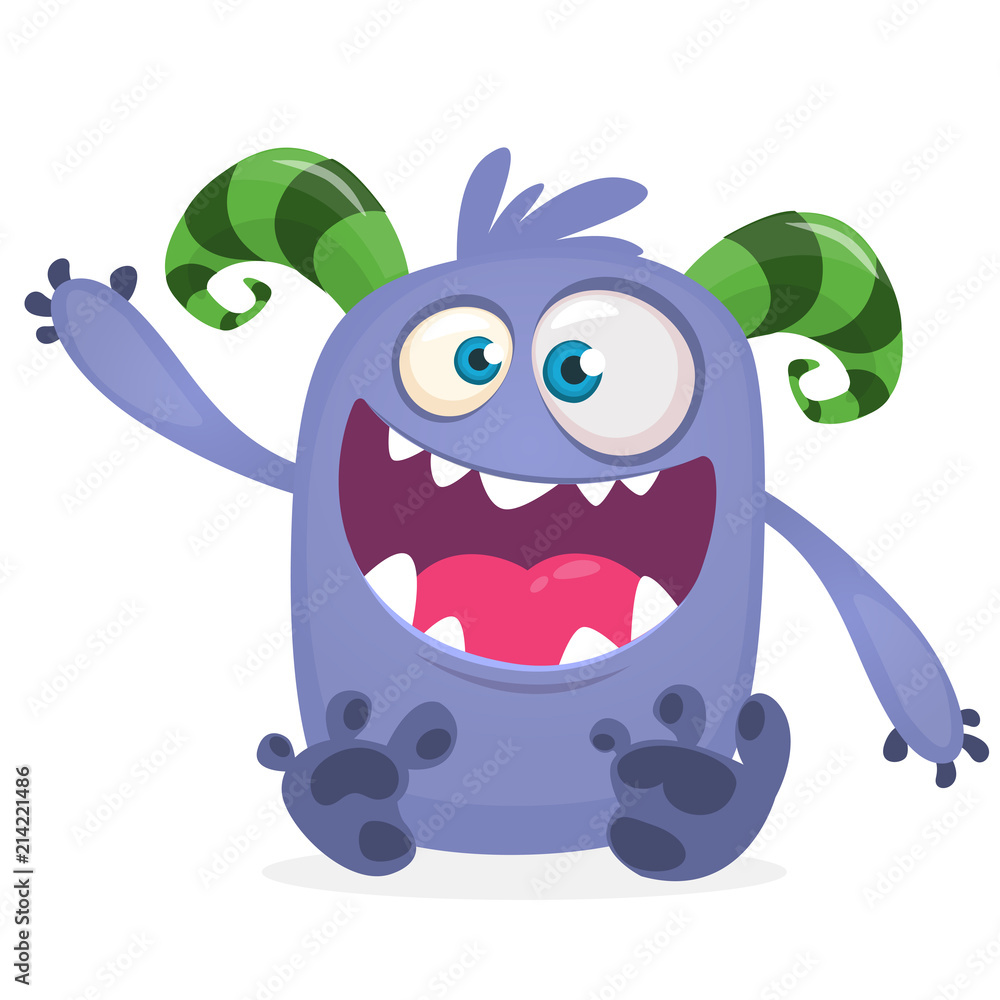 Happy cool cartoon fat monster. Blue and horned vector monster character Happy cool cartoon fat monster. Blue and horned vector monster character