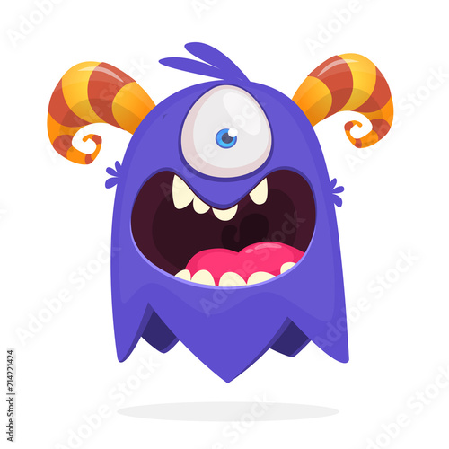 Cute cartoon monster  with horns with one eye. Smiling monster emotion with big mouth. Halloween vector illustration