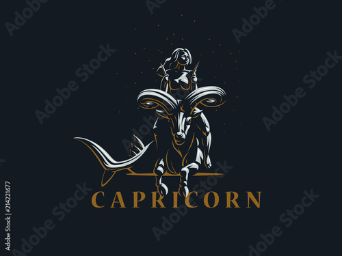 Sign of the zodiac Capricorn. A woman riding a horse in Capricorn. Vector illustration.