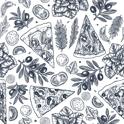 Street food background. Linear graphic. Snack collection. Junk food. Engraved seamless pattern. Vector illustration