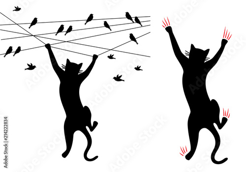 Black cat climbing, birds on wire, vector