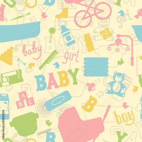 Pattern from baby items silhouette. Baby care supplies. Vector illustration.