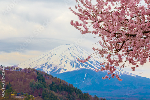 Mount Fuji.Foreground is a cherry blossoms.The shooting location is Lake Kawaguchiko, Yamanashi prefecture Japan.