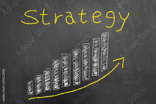 Strategy arrow up bars graphic on chalkboard.