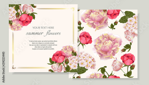 Vector banners set with roses and peonies flowers.Template for greeting cards, wedding decorations, invitation ,sales. Spring or summer design. Place for text.