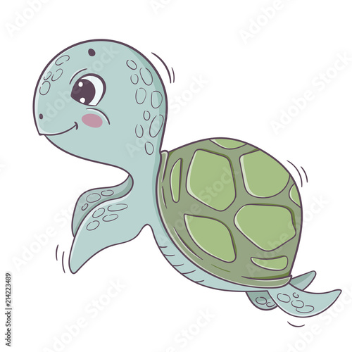 Cute cartoon sea turtle isolated on white background.