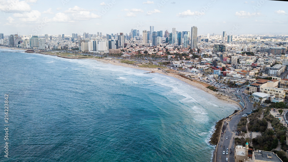 aerial view of city placed on seashore on sunny day, Tel Aviv, Israel