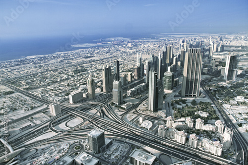 Aerial view. Dubai skyline with beautiful city close to it's busiest highway