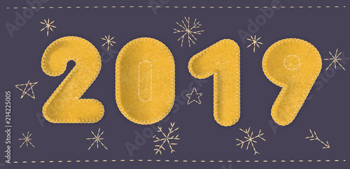 Vector "2019" concept. Number made of yellow felt fabric on a dark blue background with embroidered snowflakes. For cute New Year design.