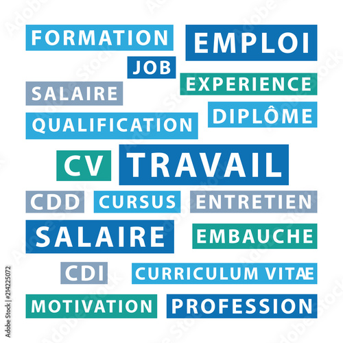 Nuages de mots autour du travail. Illustration tons bleus et verts.