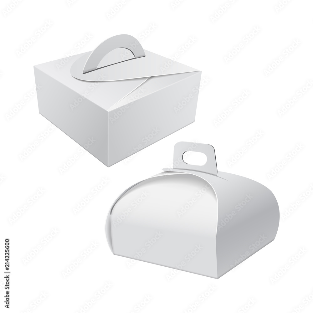 White Gift Packaging Box with Handle mockup for Cake. Set of Paperboard ...