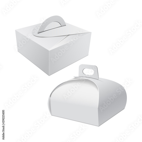 White Gift Packaging Box with Handle mockup for Cake. Set of Paperboard Packaging Container Template for Wedding Party Decoration
