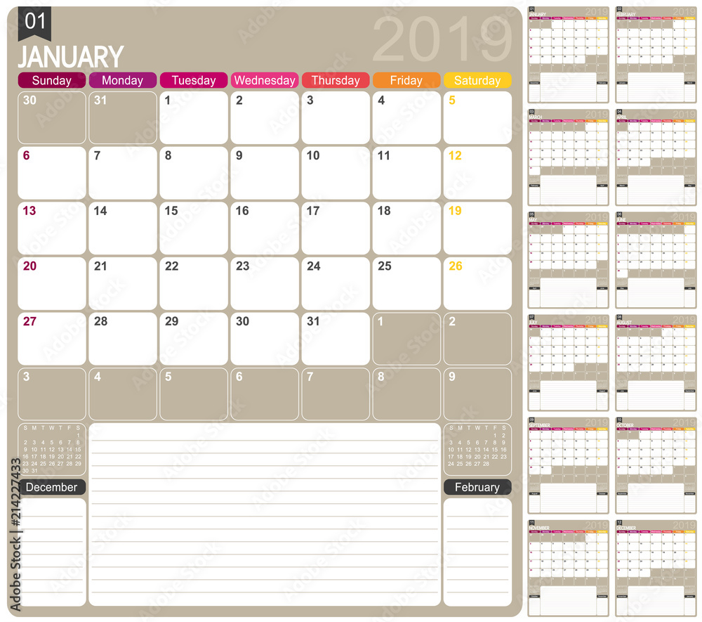 English calendar 2019 / English calendar template for year 2019, set of